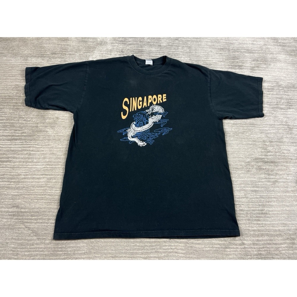 J&J Singapore Shirt Mens Large Black Short Sleeve 100% Cotton Dragon Graphic